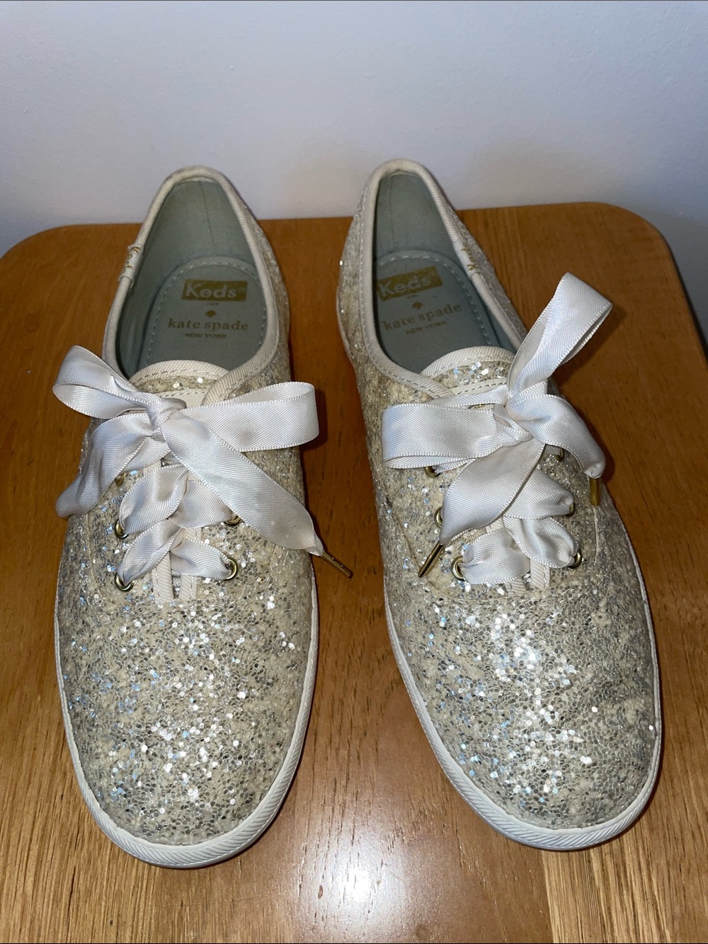 Kate Spade x Keds Champagne Glitter Satin Ribbon Sneakers–Bridal Wedding Comfort